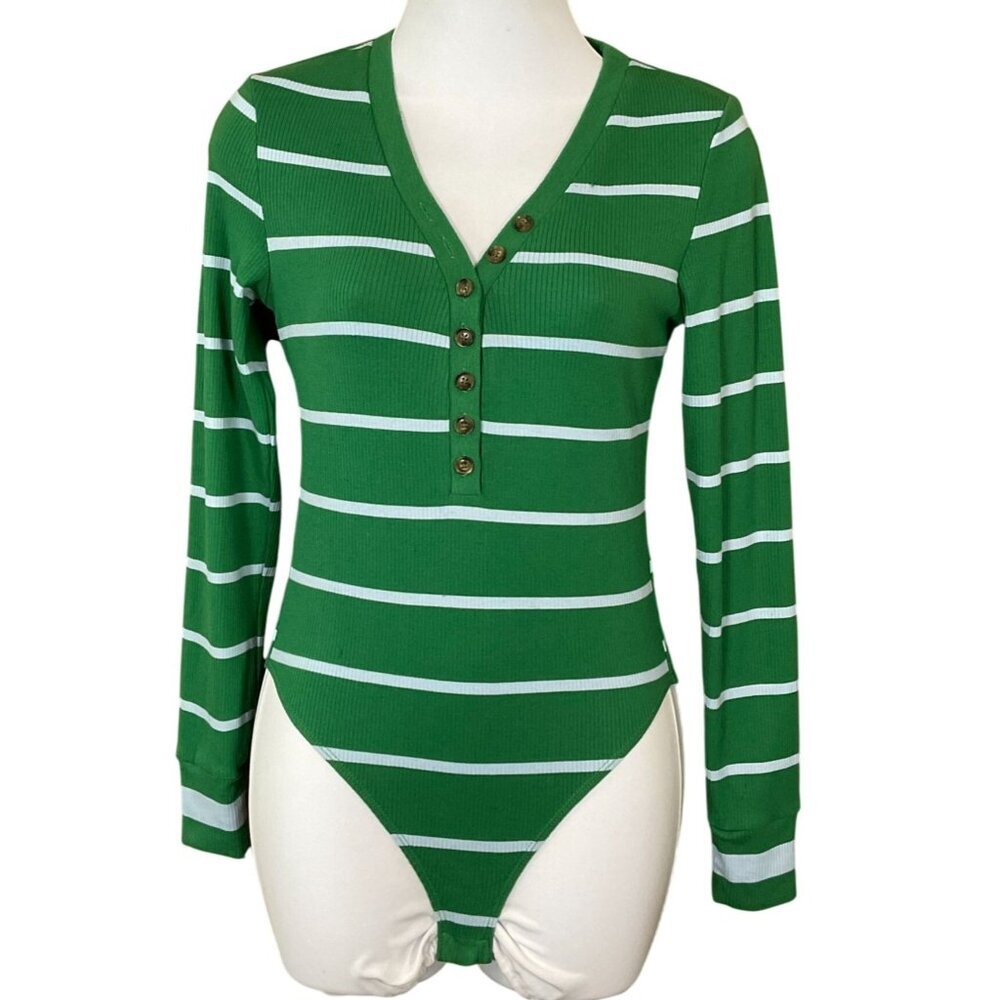 La Ligne X Target Green Light Blue Striped LS V-Neck Button-Front Bodysuit XS